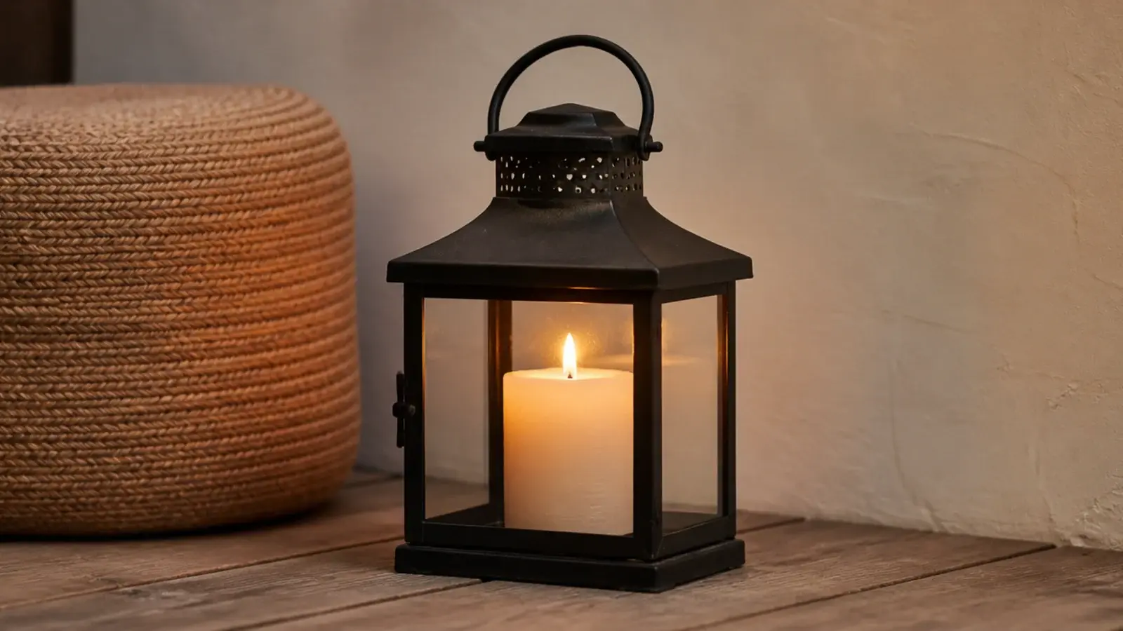 wide pillar candle glowing inside a heavy black metal open lantern