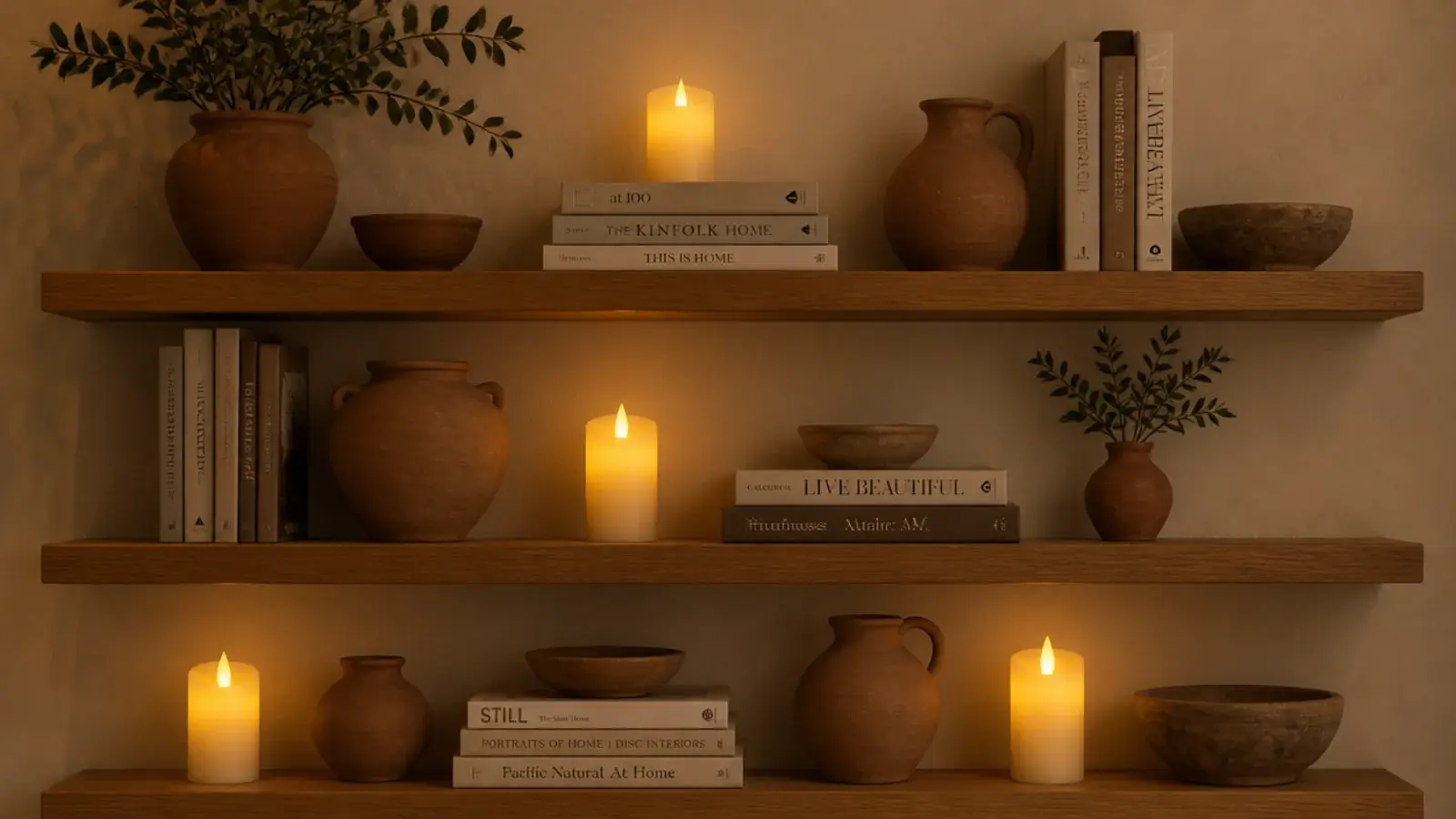 flameless wax pillars glowing on tiered shelving beside books