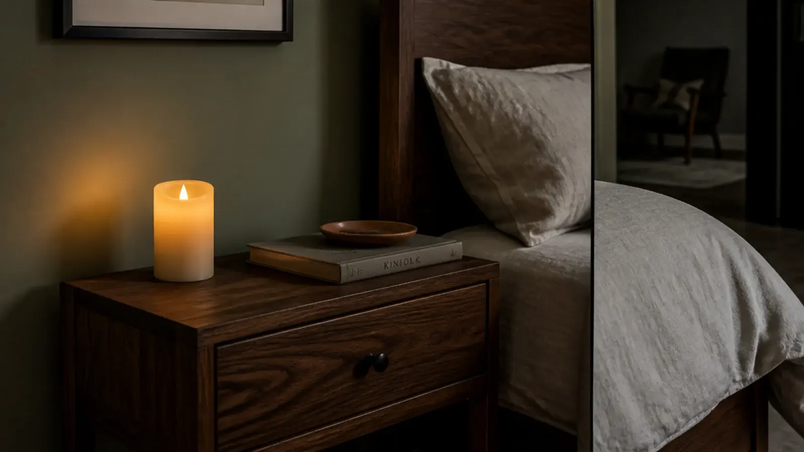 flameless pillar candle glowing on a nightstand beside linen bedding