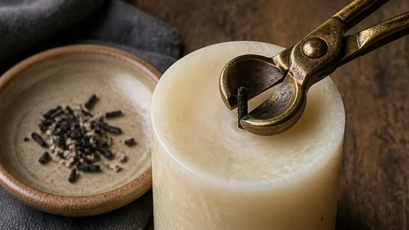 angled brass trimmer cutting a pillar candle wick to a quarter inch
