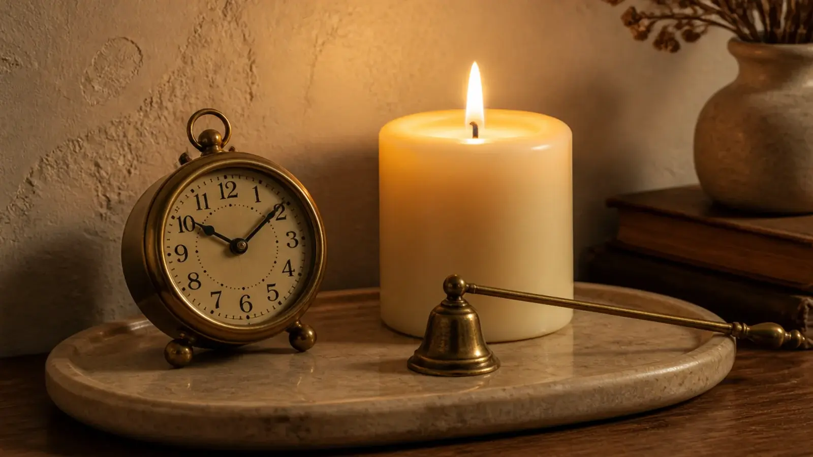 small brass clock standing beside a burning pillar on a stone tray