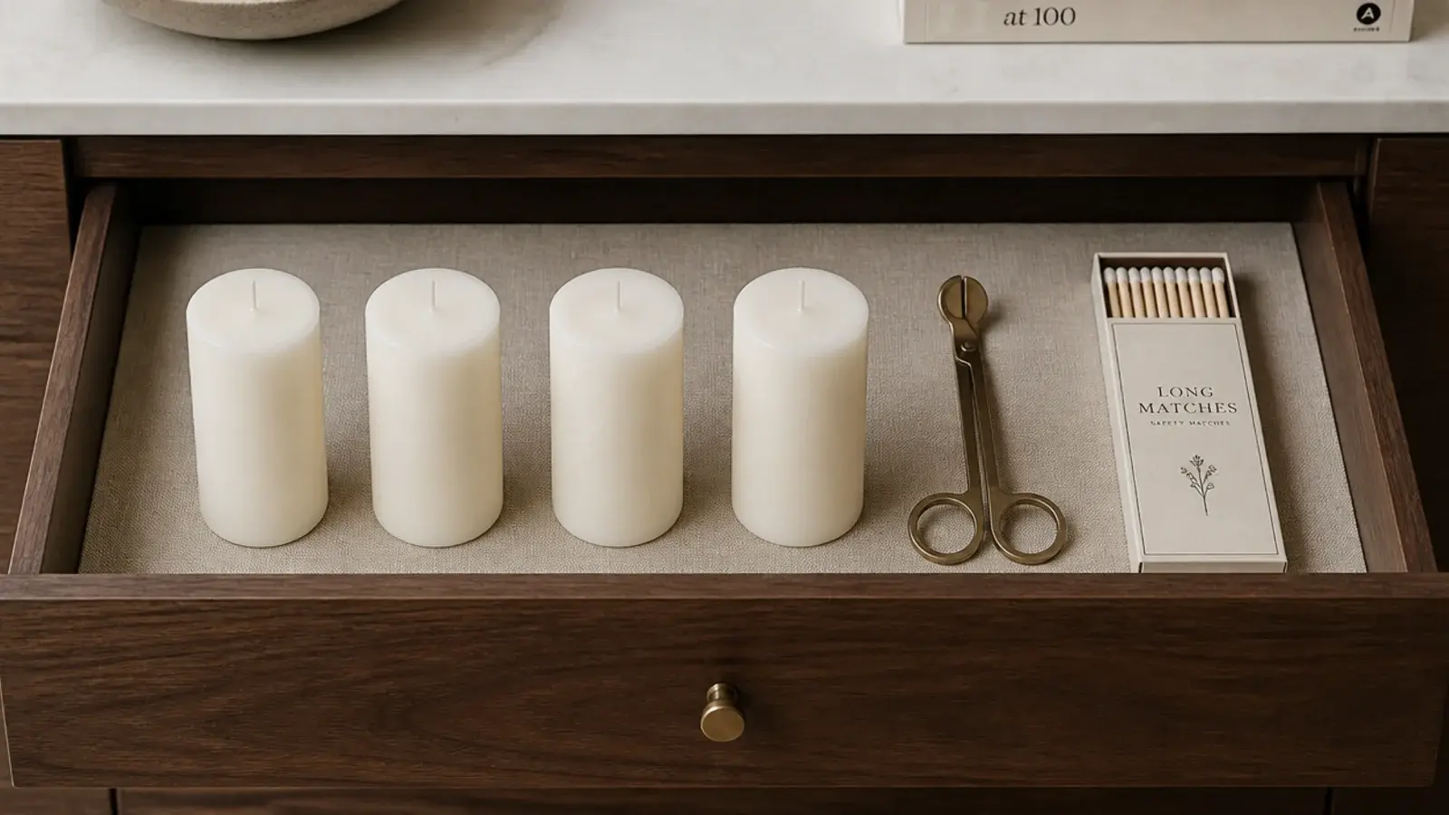 spare pillar candles stored upright in a linen lined drawer