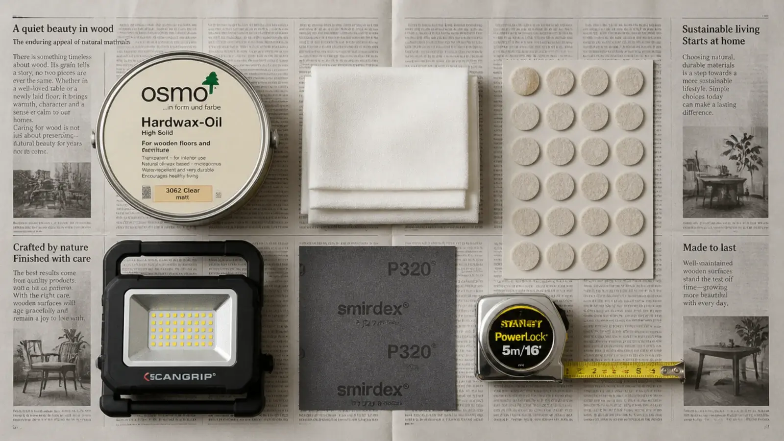hardwax oil cloths felt pads and a tape measure laid out on newspaper