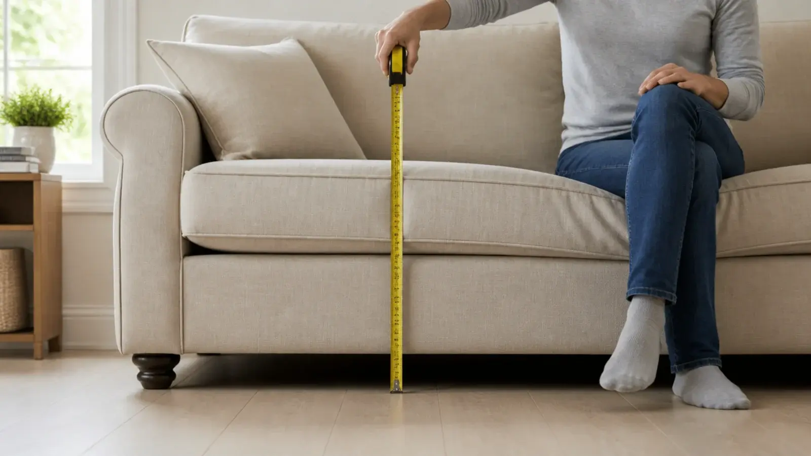 tape measure held from the floor to a compressed sofa seat cushion