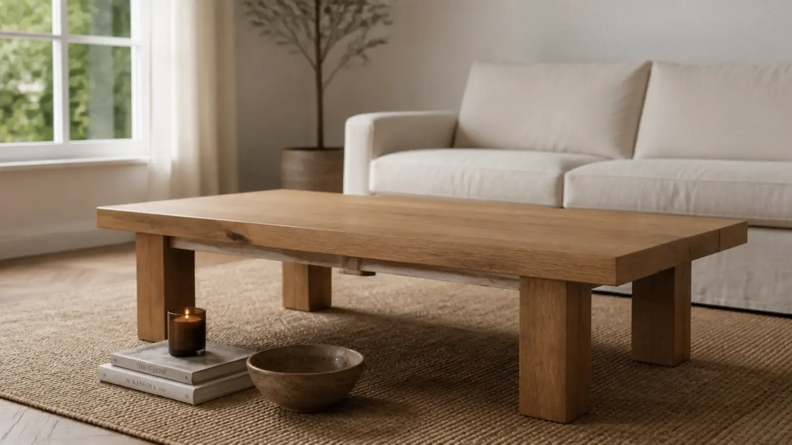 empty wooden table with all its objects gathered on the rug beside