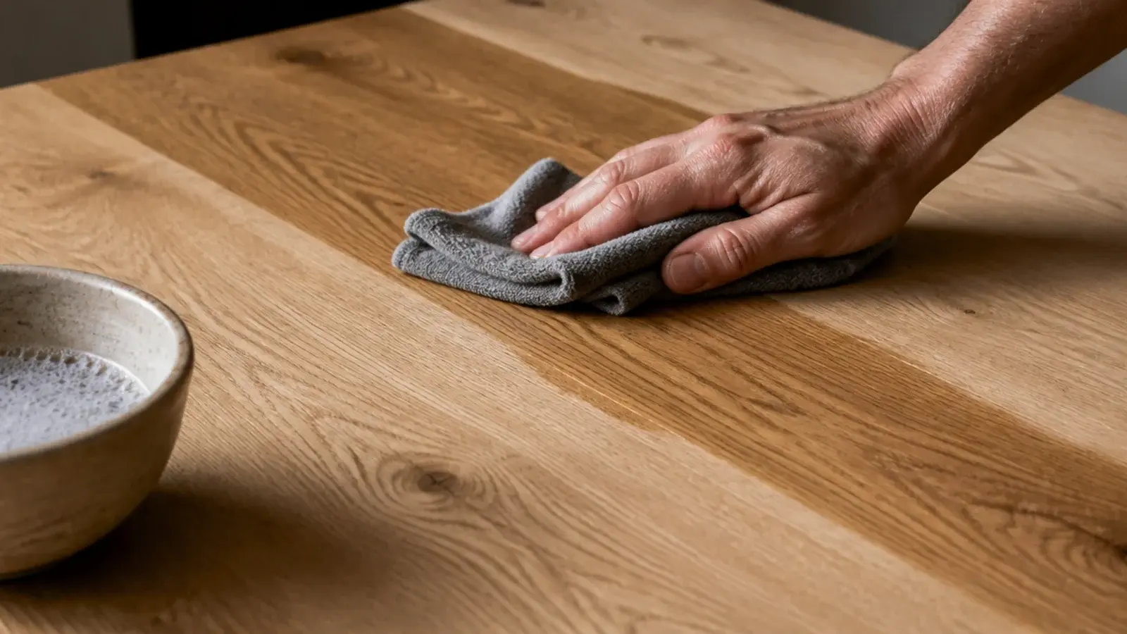 barely damp cloth wiping along the grain of a bare timber top