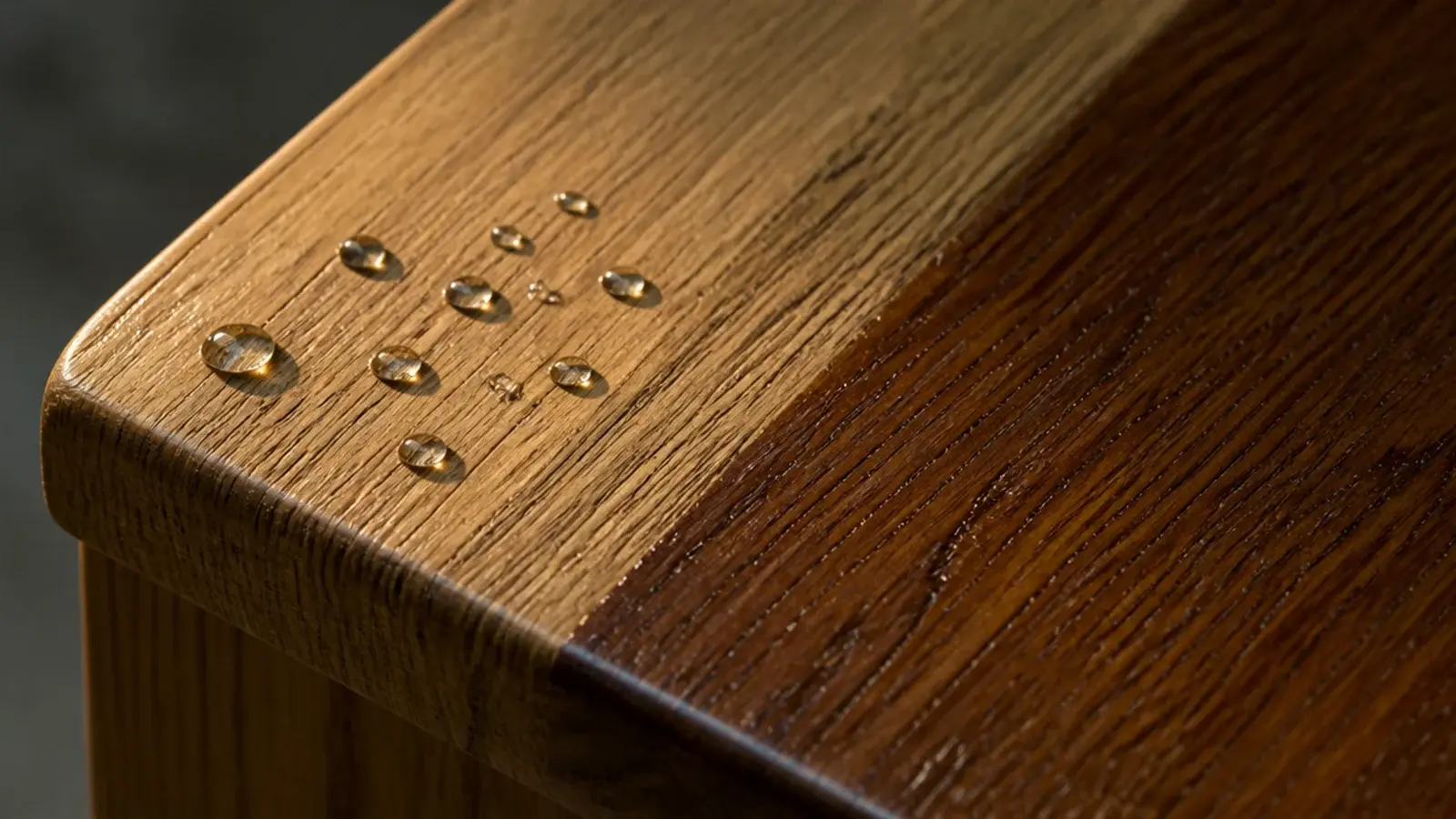water droplets beading on one half of a timber table surface