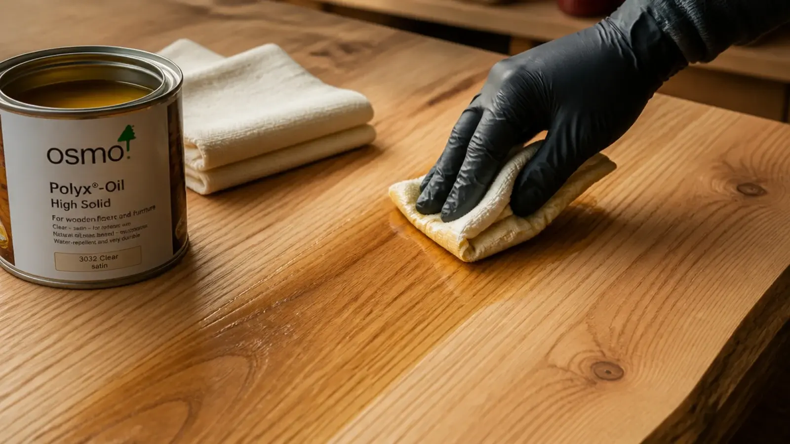lint free cloth spreading a thin coat of hardwax oil on oak