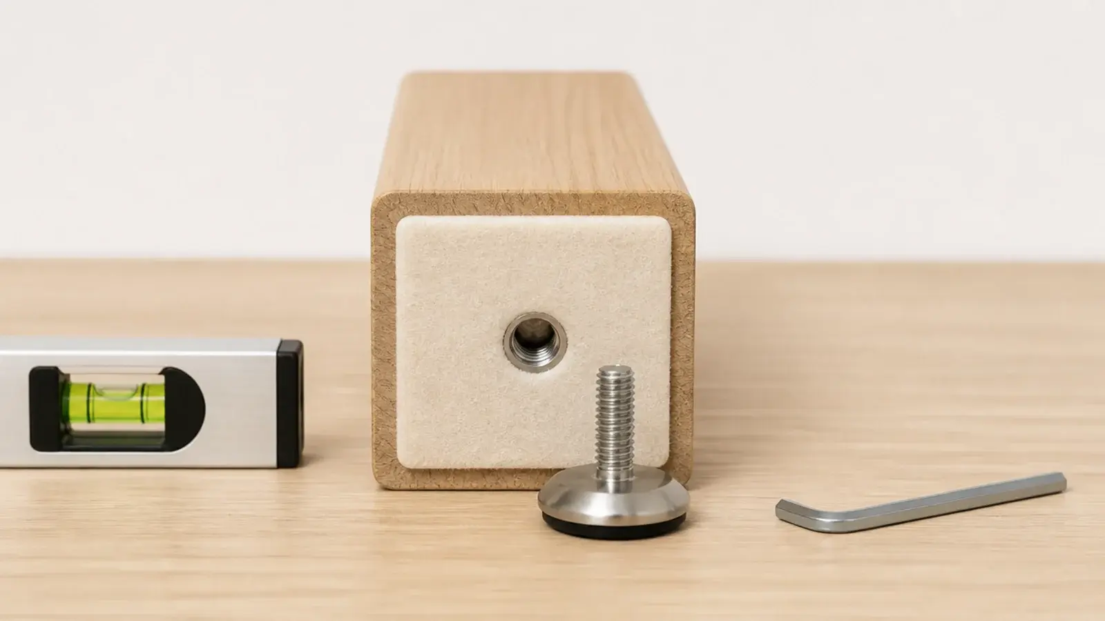 felt pad and a threaded glide fitted beneath a square timber leg