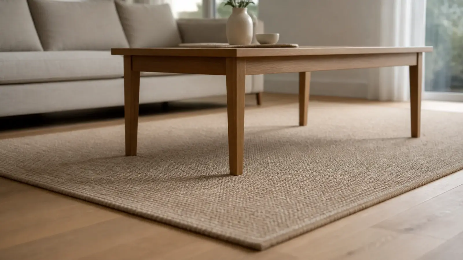 four table feet standing evenly on a flat weave rug surface