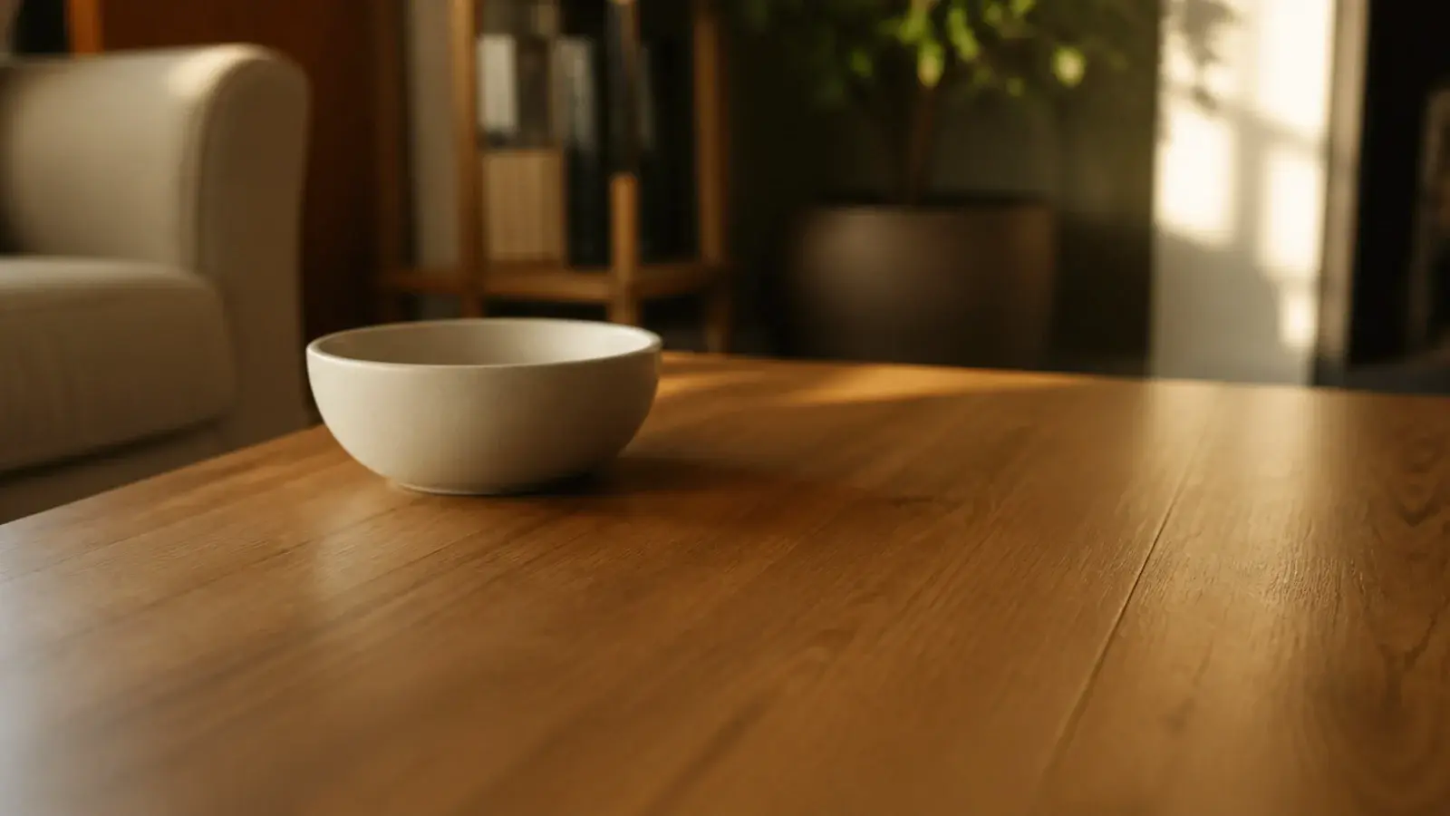 wide matte ceramic bowl placed off centre on an oiled oak table