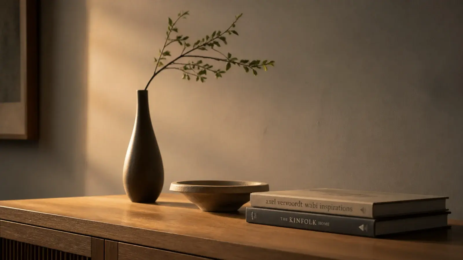 tall stem low dish and flat book stack grouped on warm timber