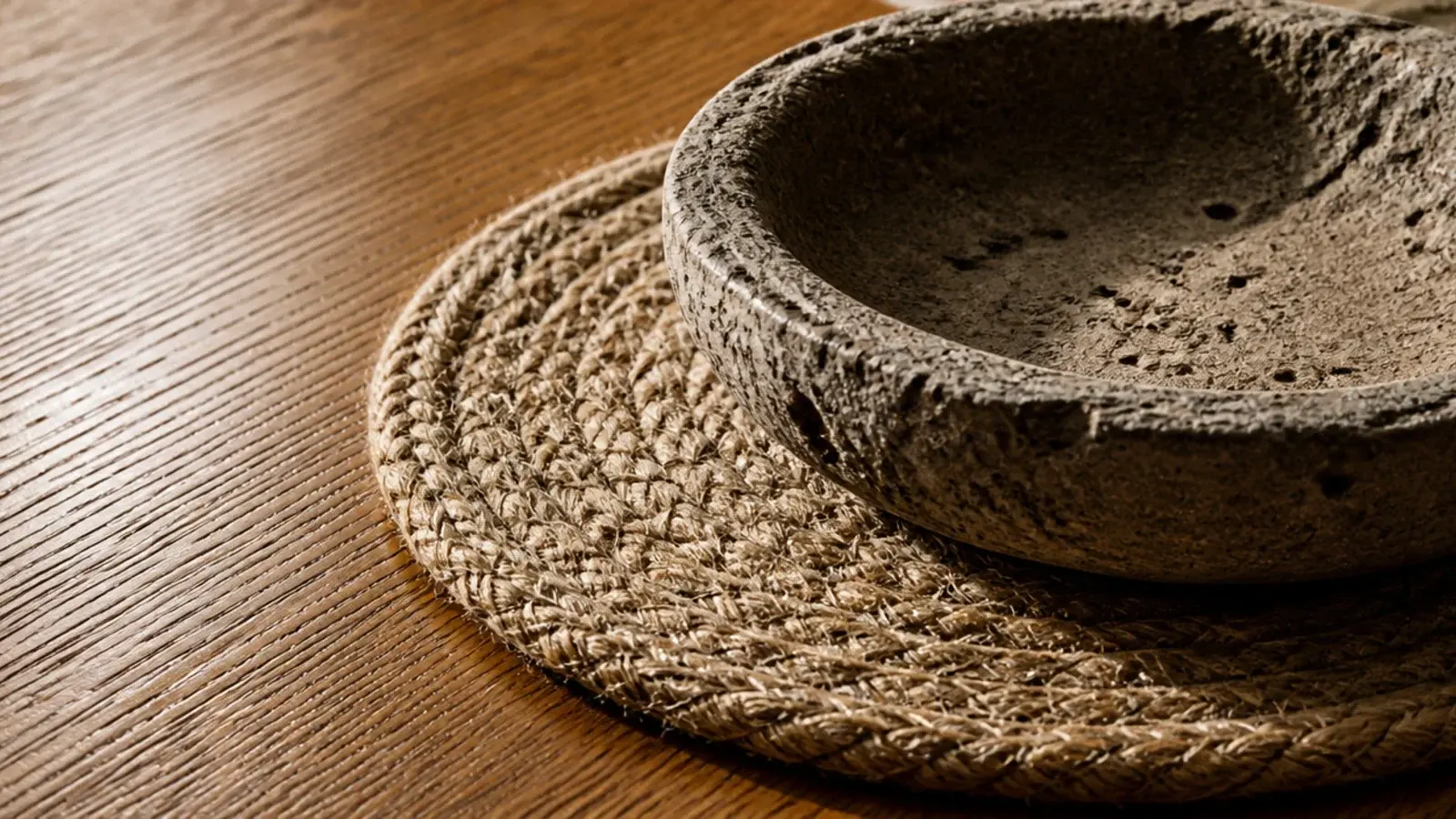 coarse woven coaster and rough stone dish resting on smooth oak