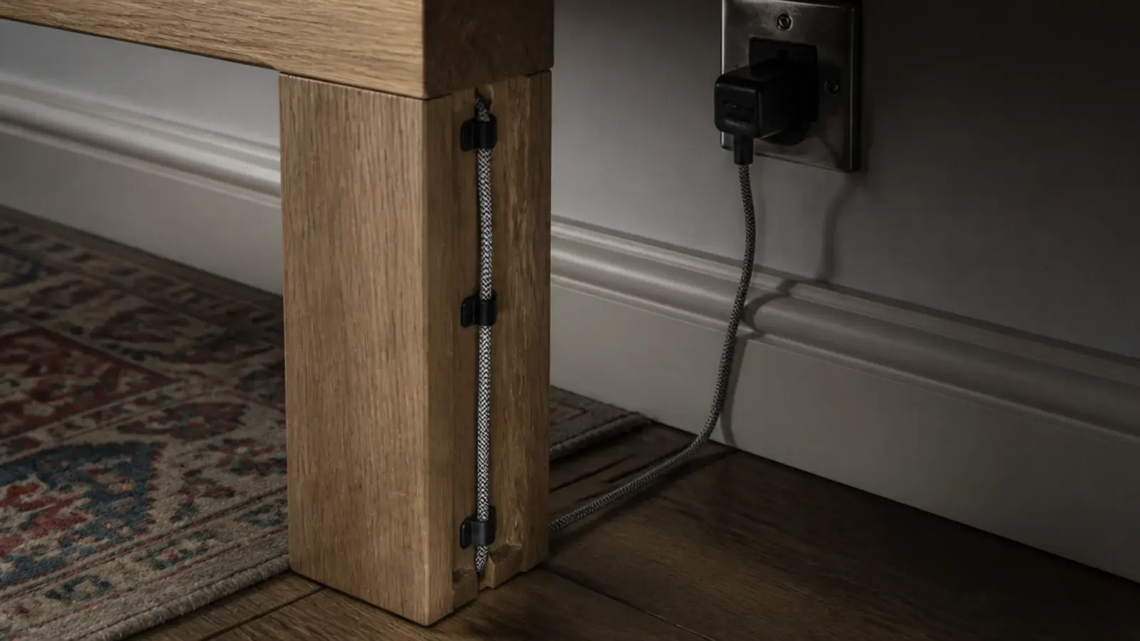 braided cable clipped along the inside face of a timber table leg
