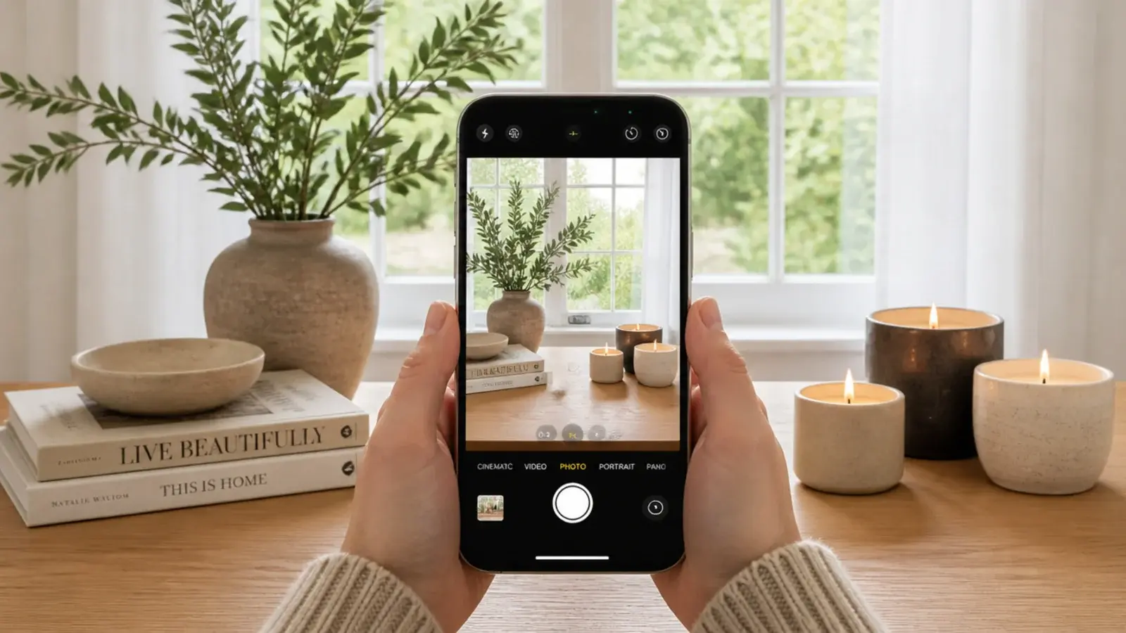 phone held above a styled wooden table capturing the arrangement