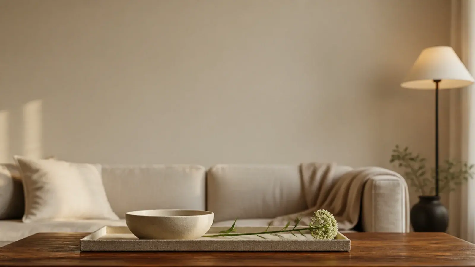 tall wooden modern center table styled with tray bowl and single stem