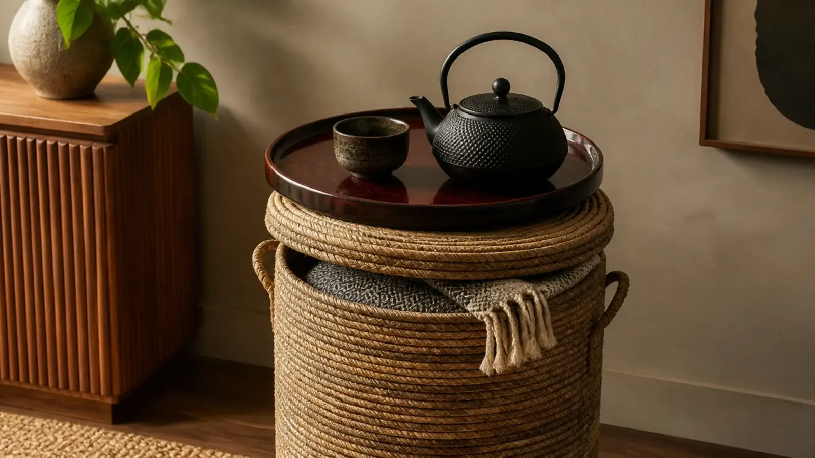 lacquered tray balanced on a lidded basket used as a low table