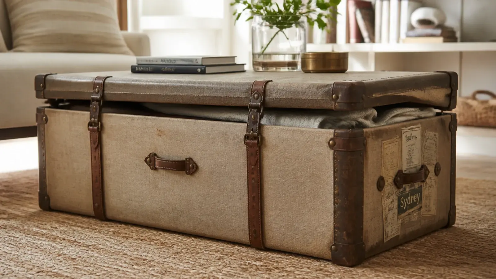 canvas and timber trunk used as a table with a folded blanket inside