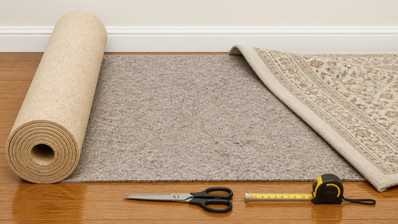 natural rubber rug underlay unrolled across a rented timber floor