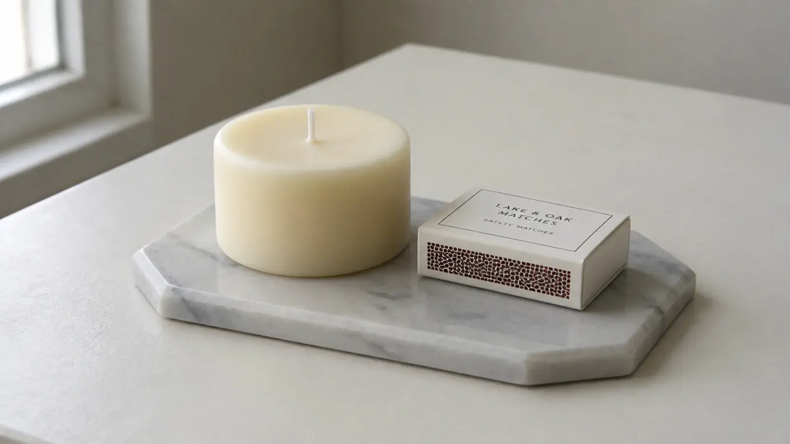 small stone tray on a plain table holding a candle and matches
