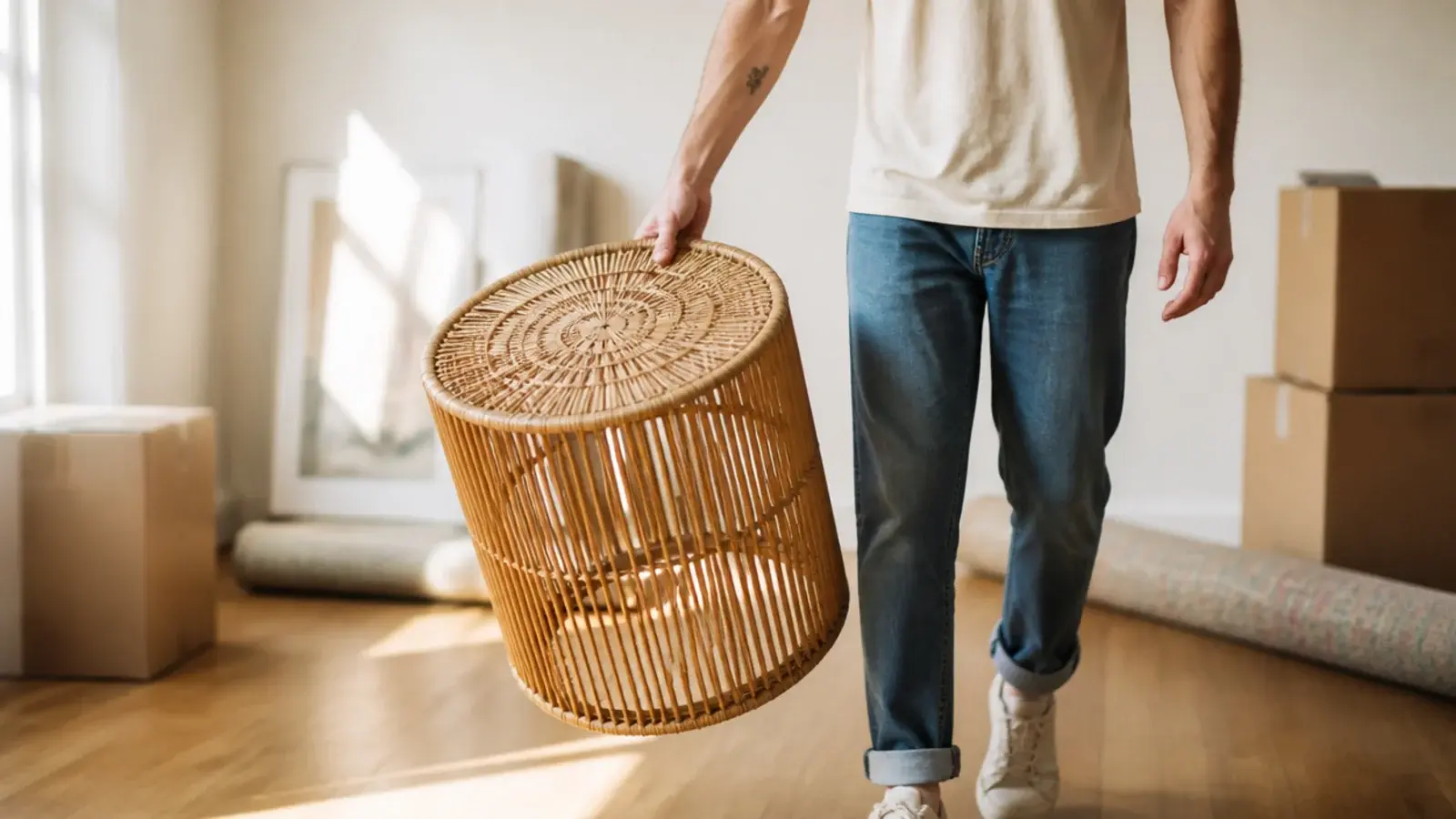 person lifting a woven rattan drum table with one hand easily