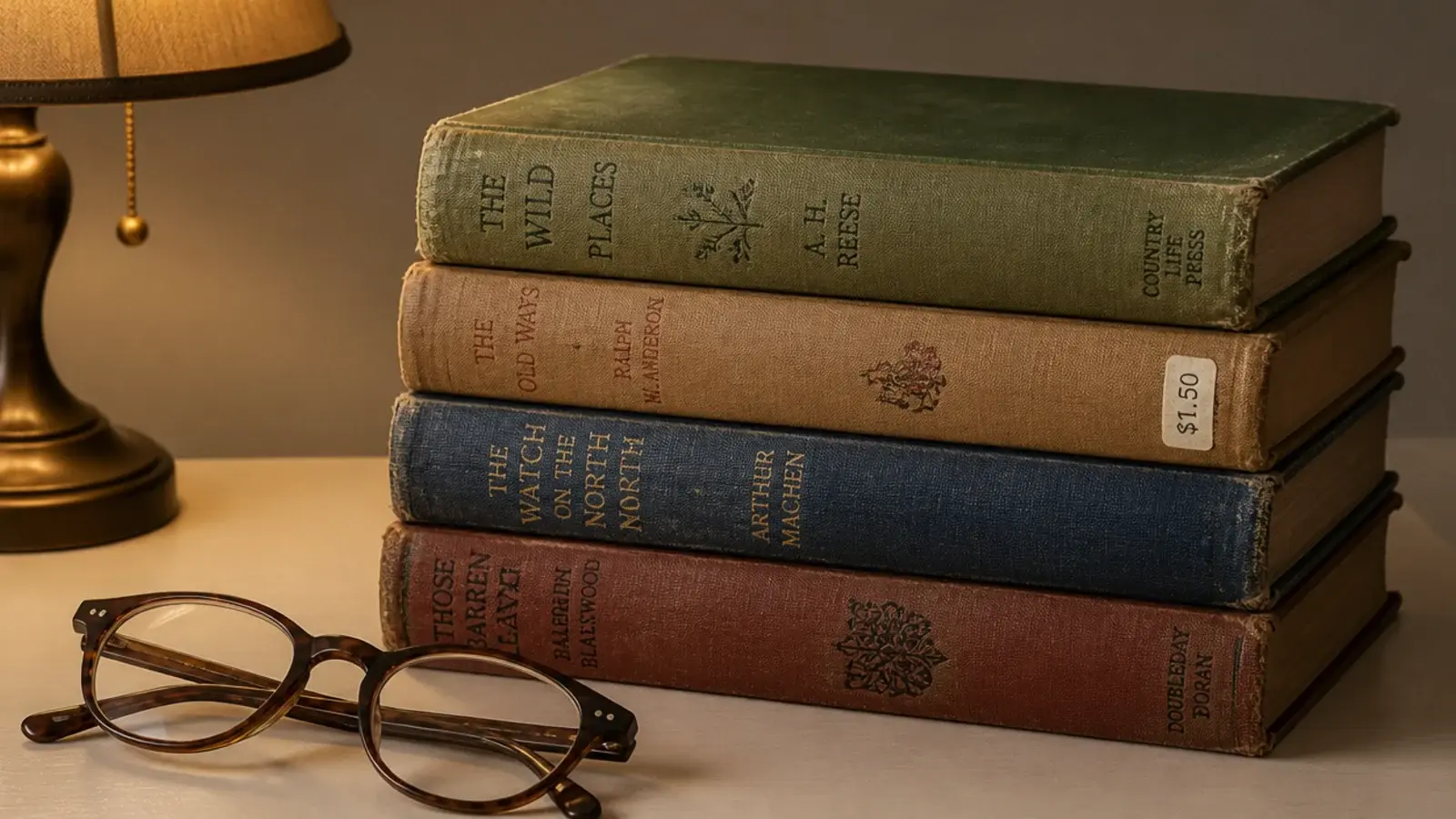 stack of secondhand hardbacks with worn cloth covers on a table