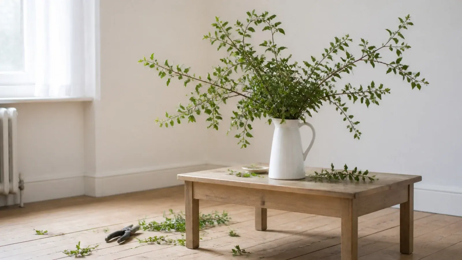 foraged leafy branches arranged in a jug on a rented flat table