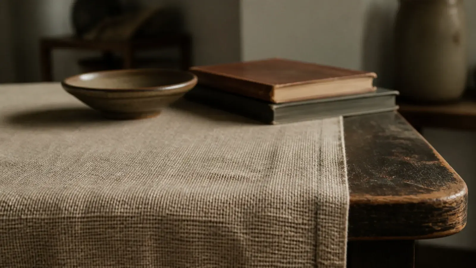 linen runner covering a scratched table top in a rented flat