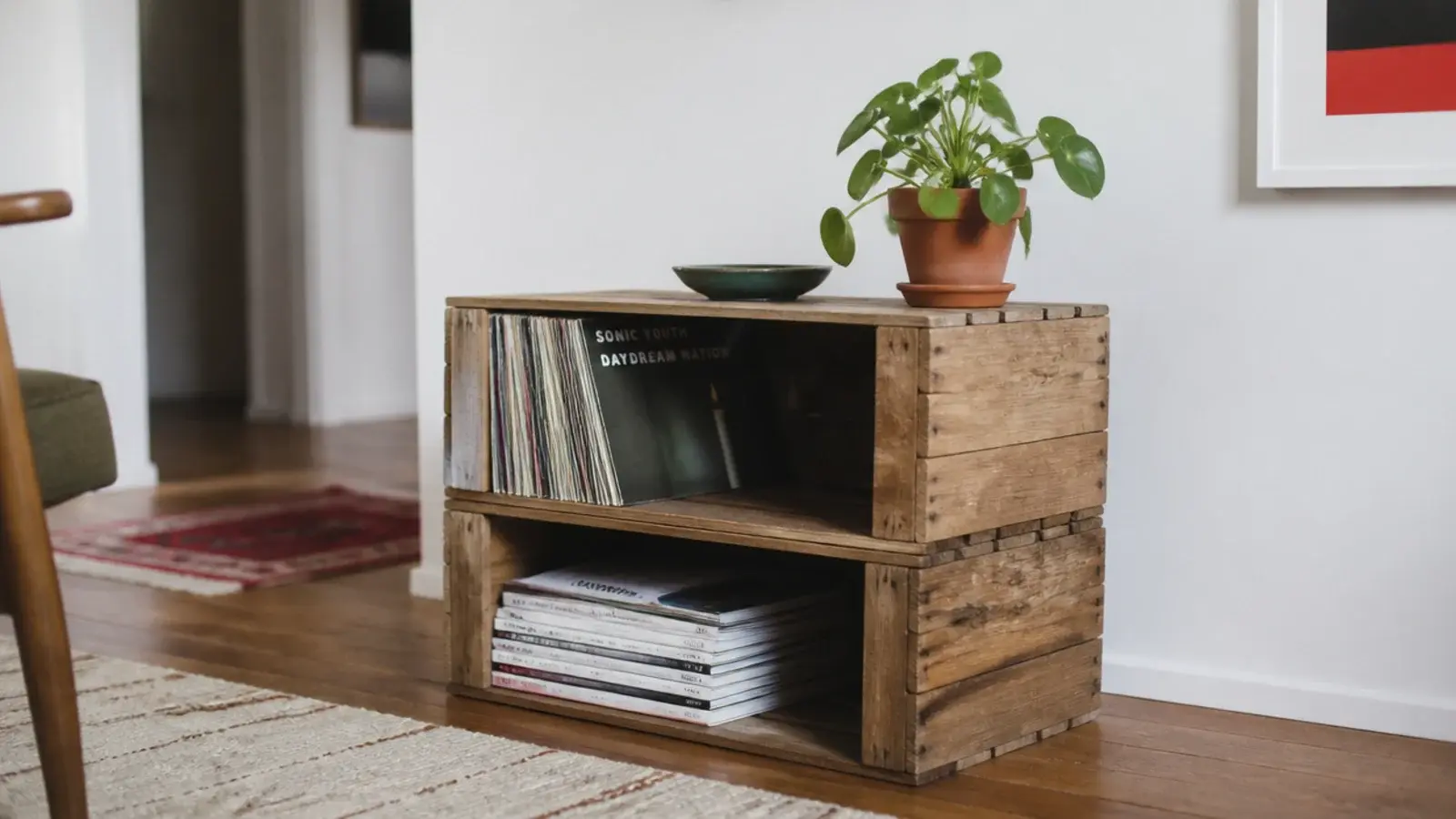 two wooden crates stacked on their sides forming a low surface