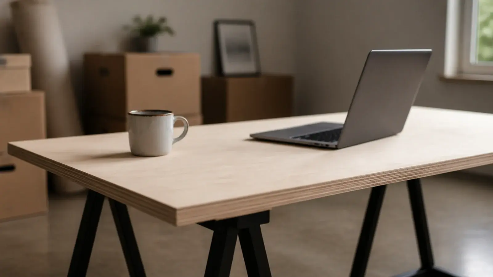 birch plywood panel resting on low folding trestle legs indoors