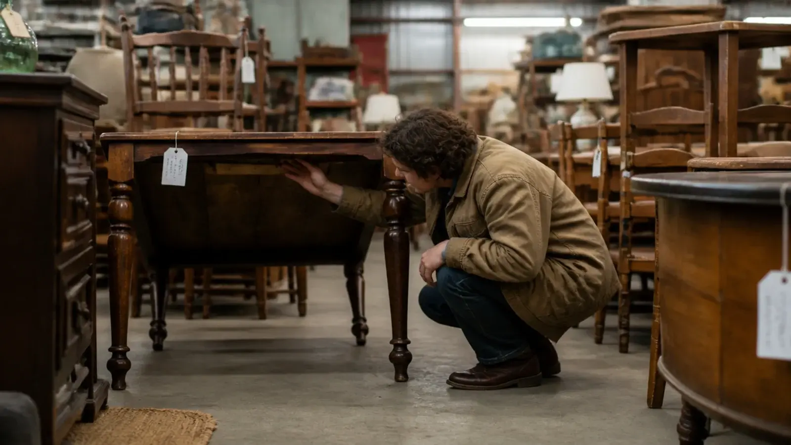 solid secondhand table being inspected in a reclamation warehouse