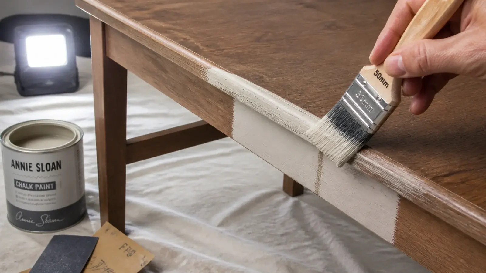 water based paint being brushed onto a cheap secondhand table