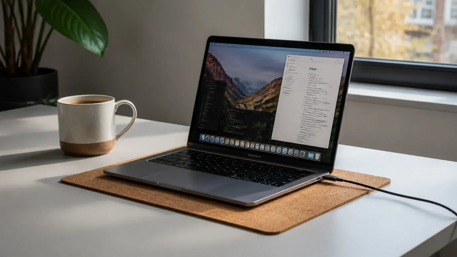 cork mat under a laptop protecting a shared flat table surface