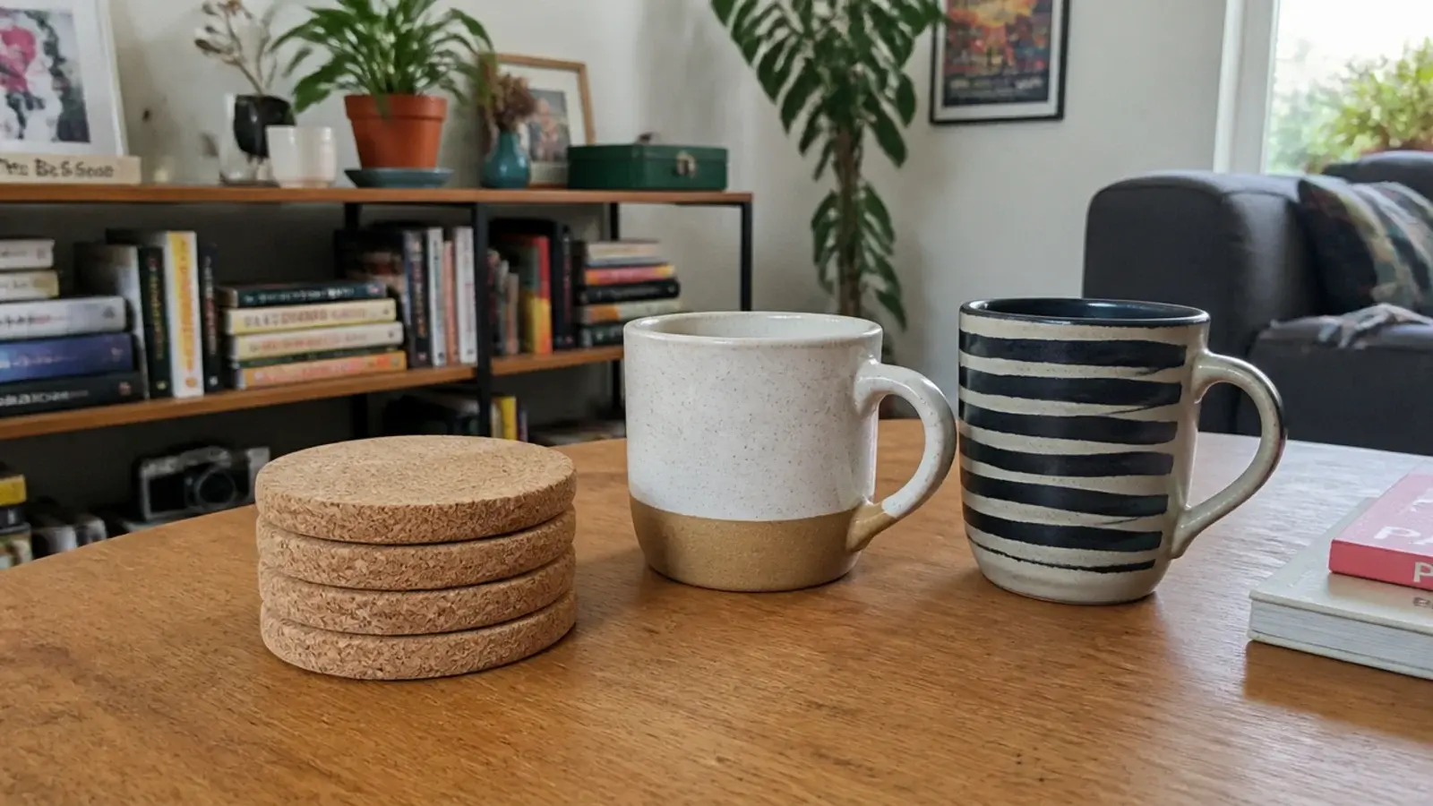 four cork coasters left stacked openly on a shared house table