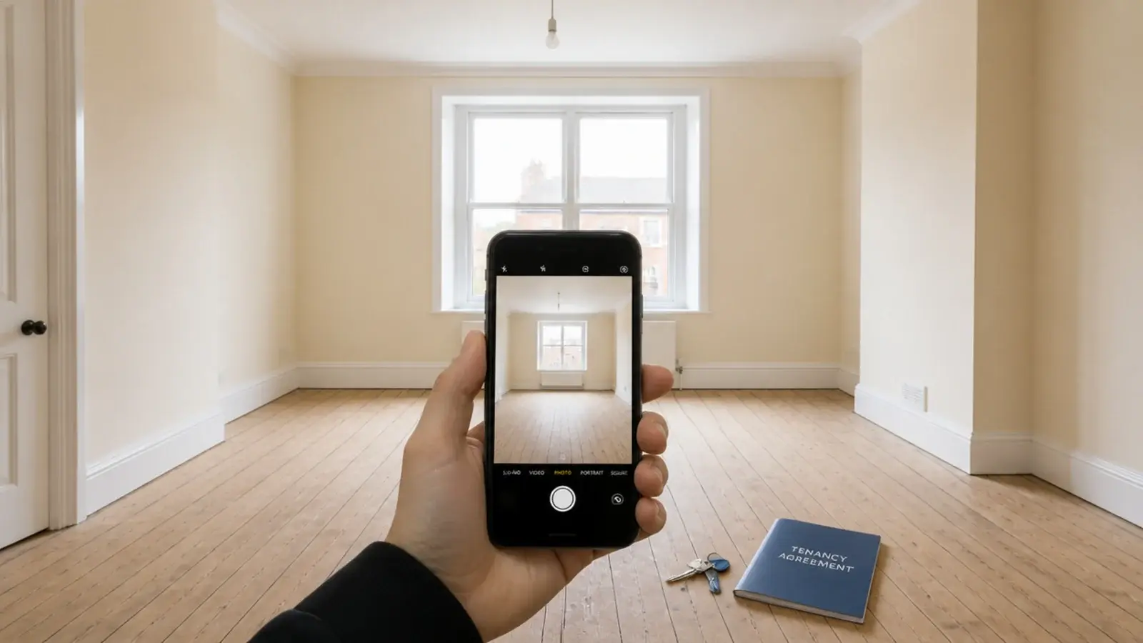 phone photographing an unfurnished rented living room on move in