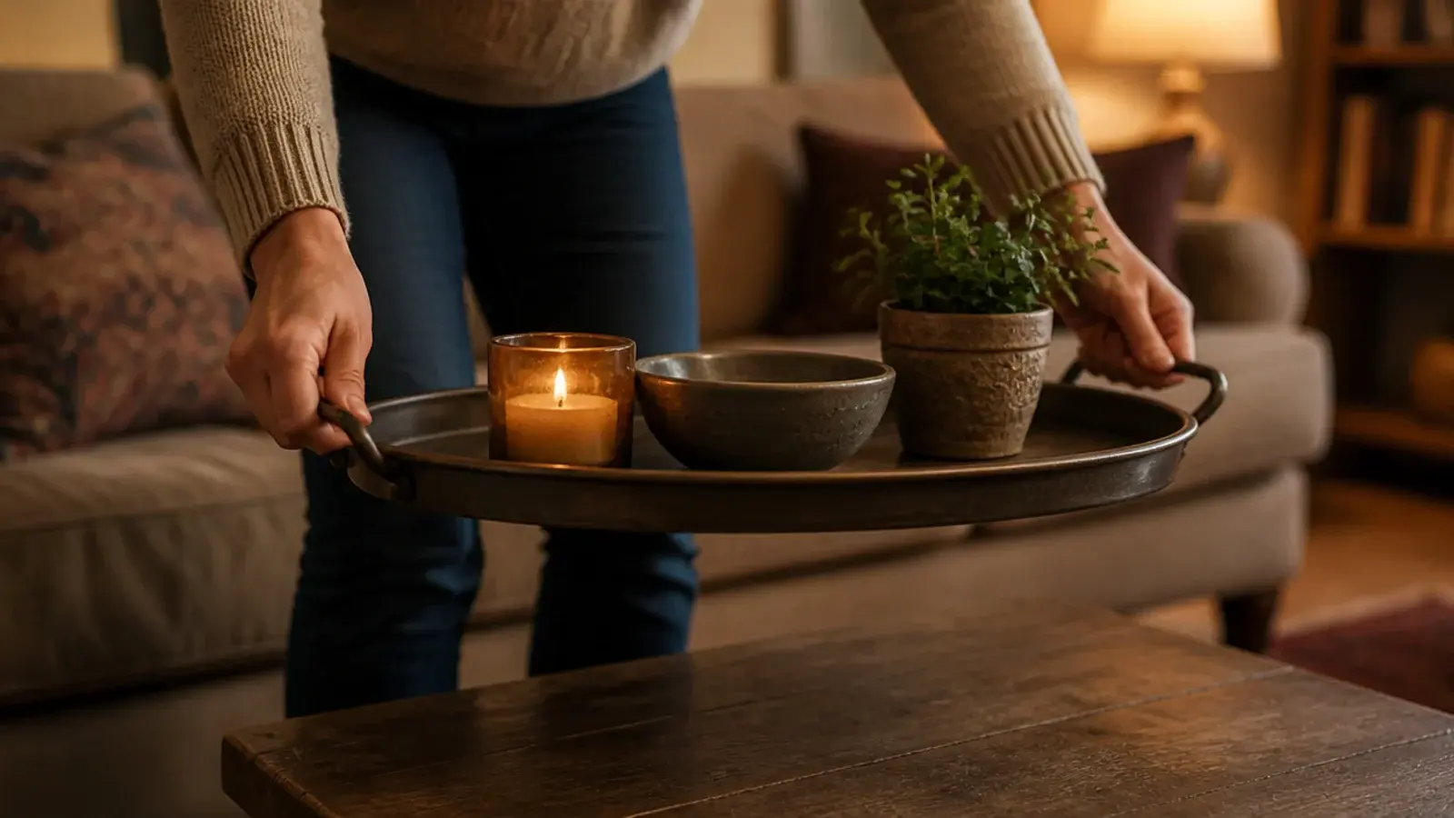 hands lifting a large handled tray holding an entire table arrangement