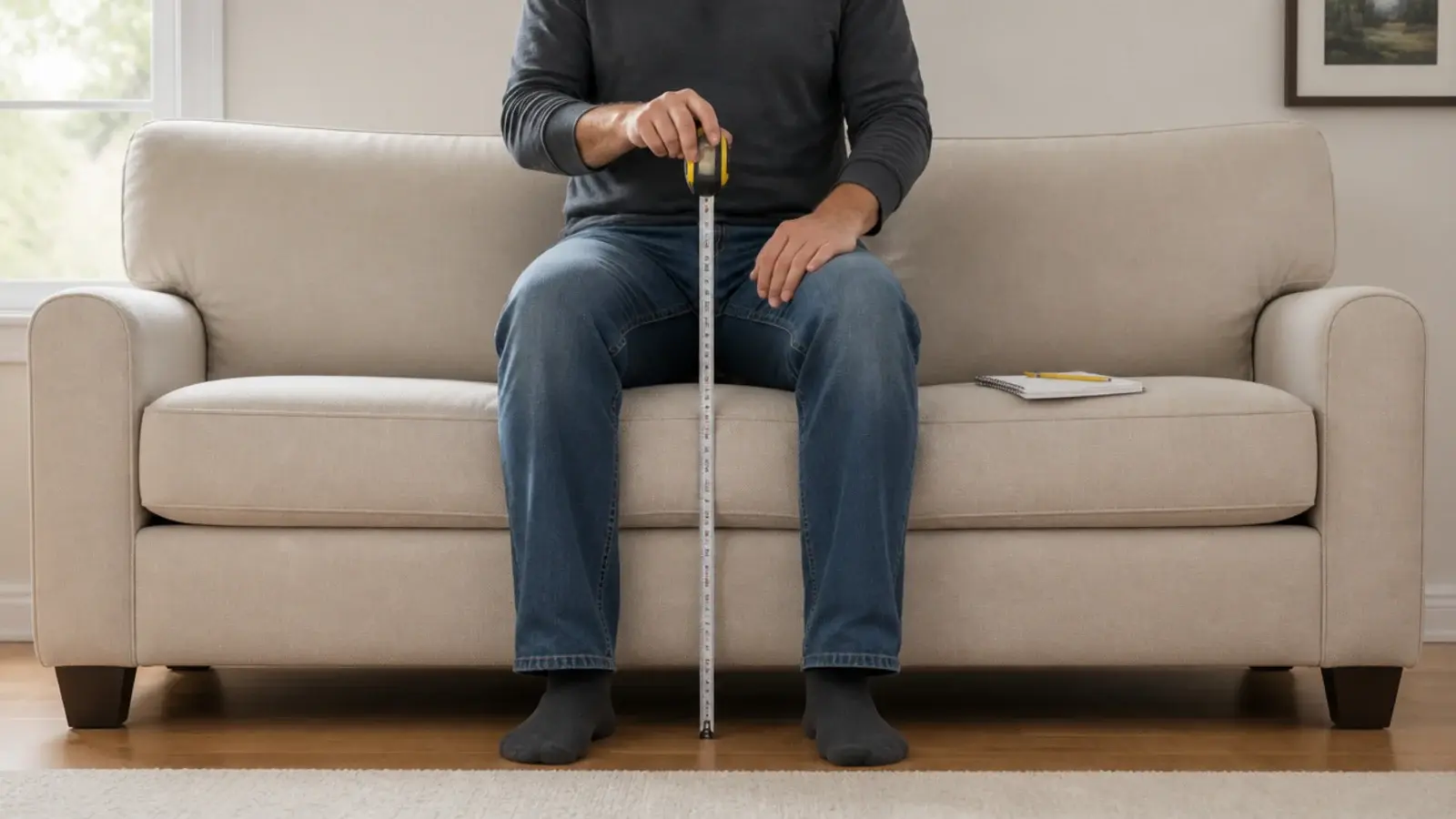 tape measure reading the compressed cushion height of a sofa seat