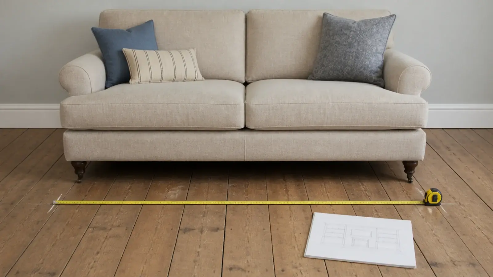 chalk marks on a floor showing a planned table length before a sofa
