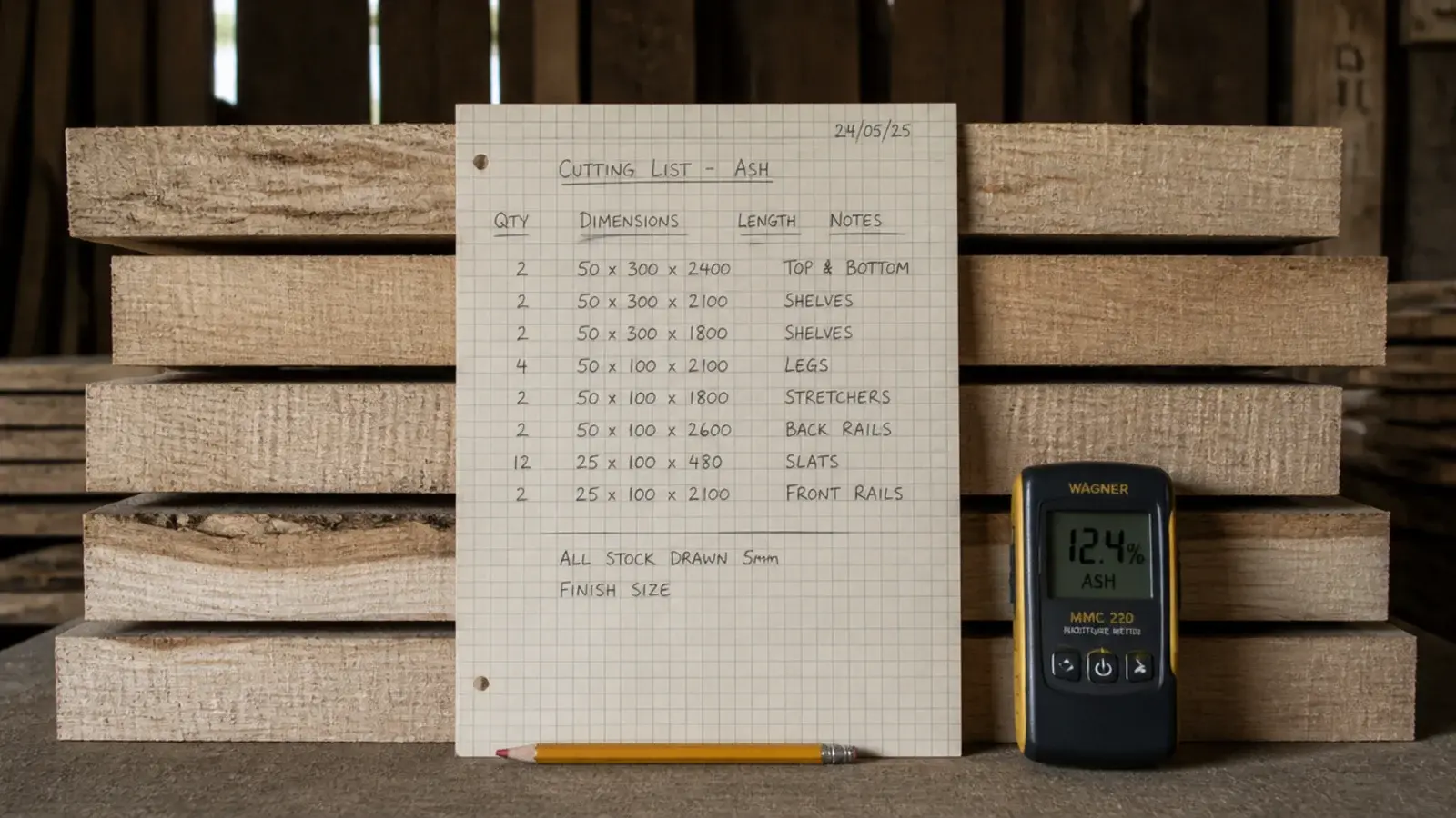 handwritten cutting list beside stacked rough sawn hardwood boards