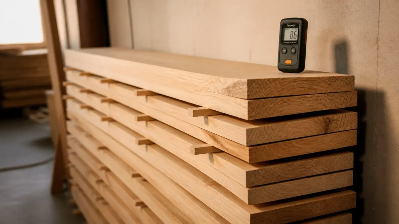 hardwood boards stickered in a stack to allow air to circulate