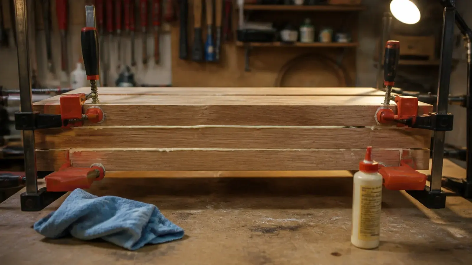 boards clamped in bar clamps with glue squeeze out along the joints
