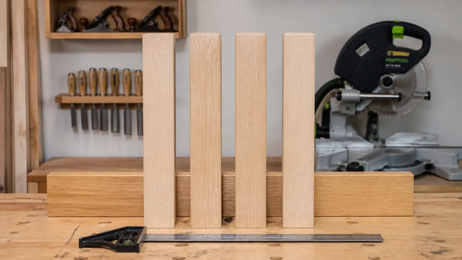 square timber legs cut to matching length standing on a workbench