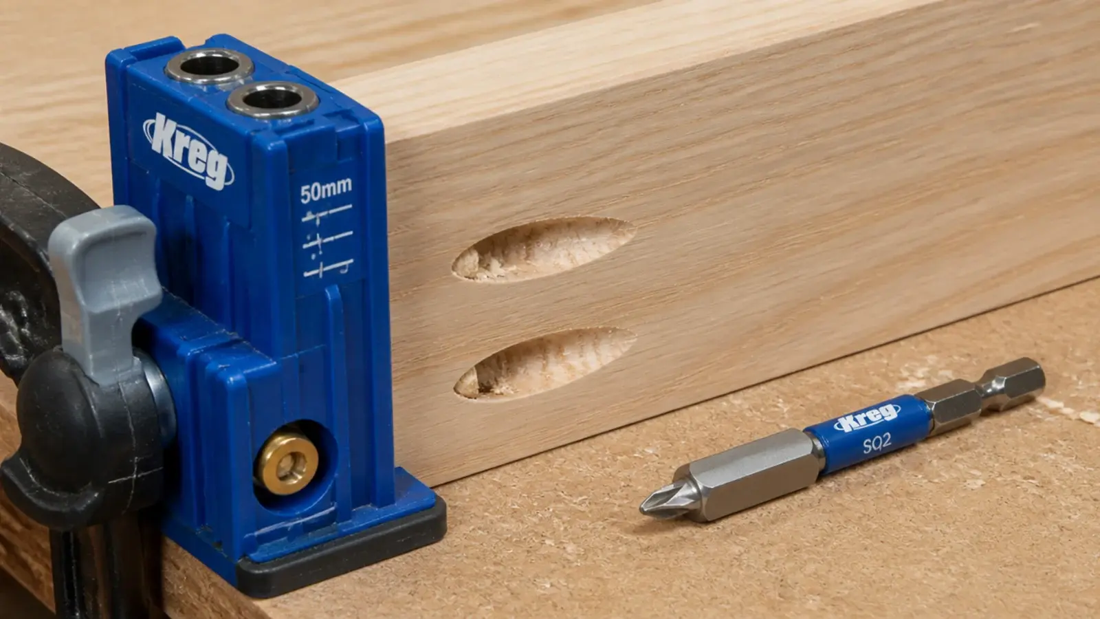 pocket holes drilled into the inside face of a table rail