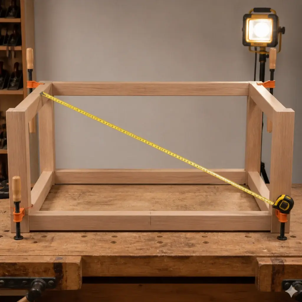 diagonal measurement being checked across an assembled table base