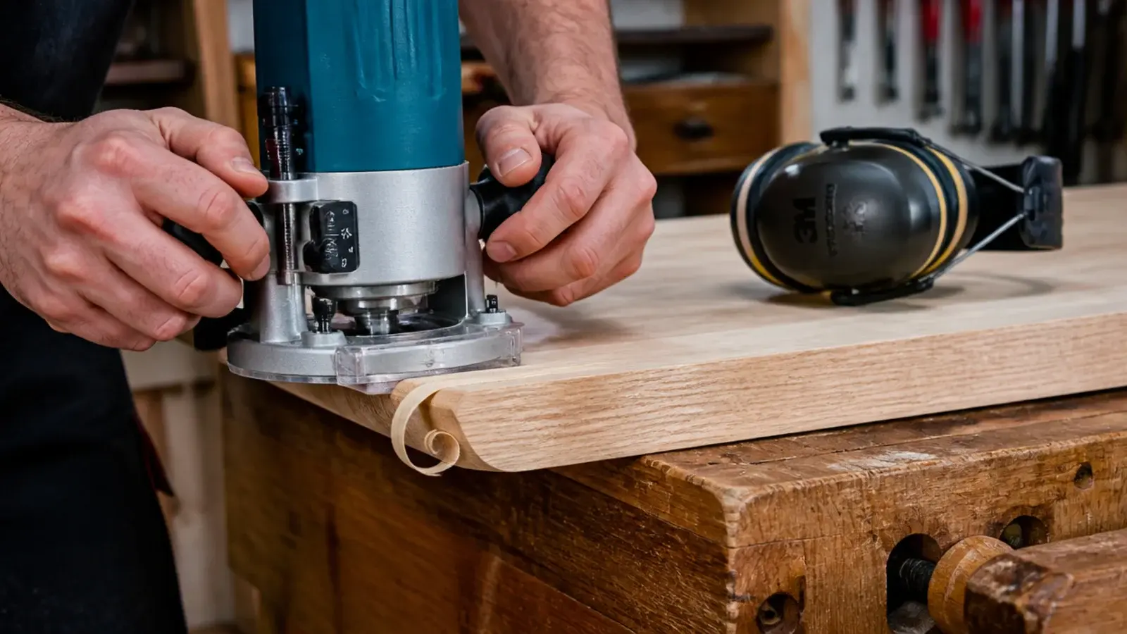 router with a round over bit softening the edge of a table top