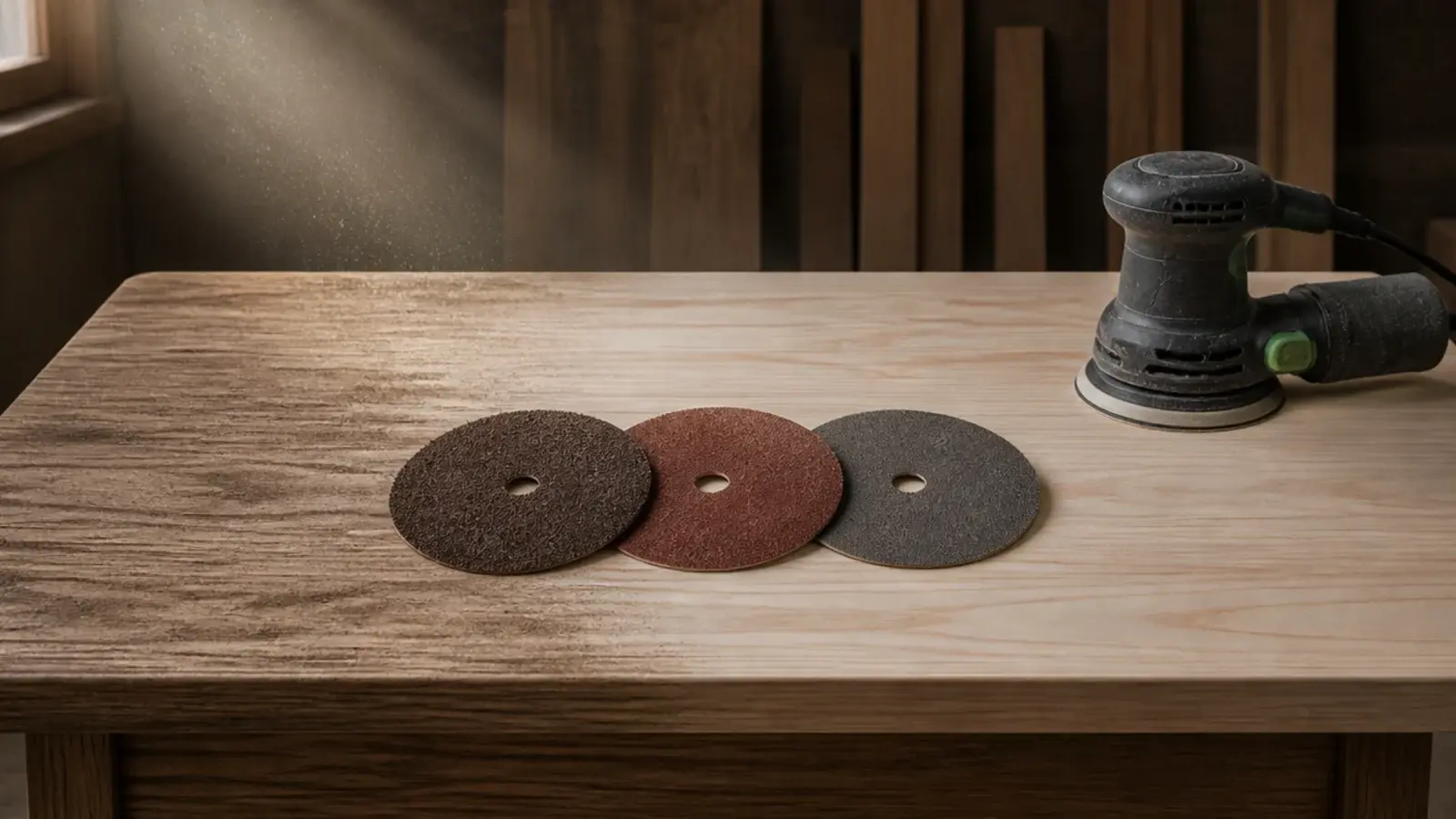three sanding discs of increasing grit fanned on a timber surface