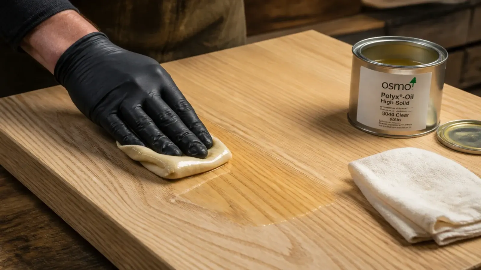 cloth wiping a thin coat of clear oil across a sanded ash top