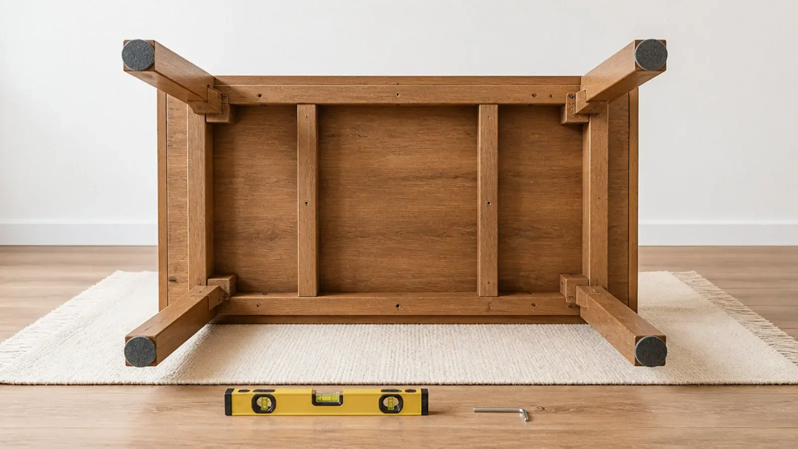 felt pads being fitted before a finished table is set in place