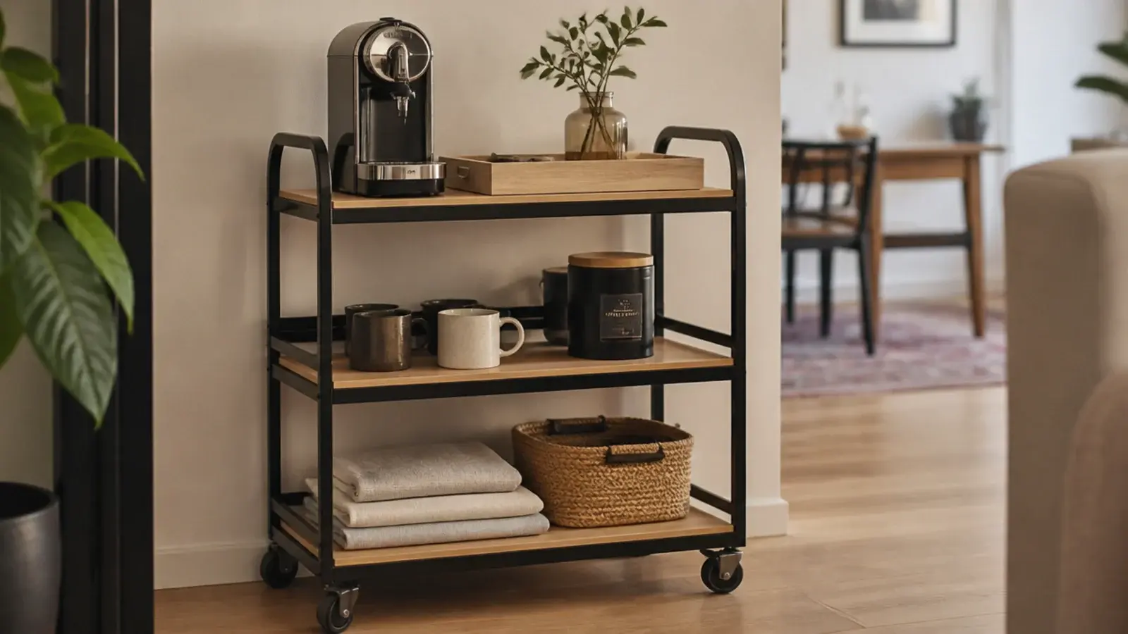 three tier cart styled as an apartment coffee bar with mugs and beans