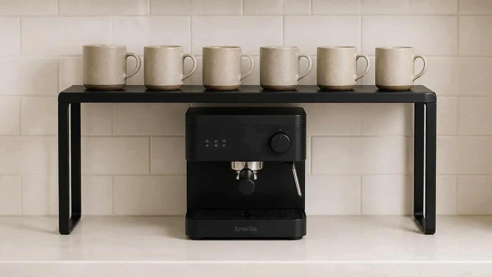matte black steel riser holding mugs above a small coffee machine